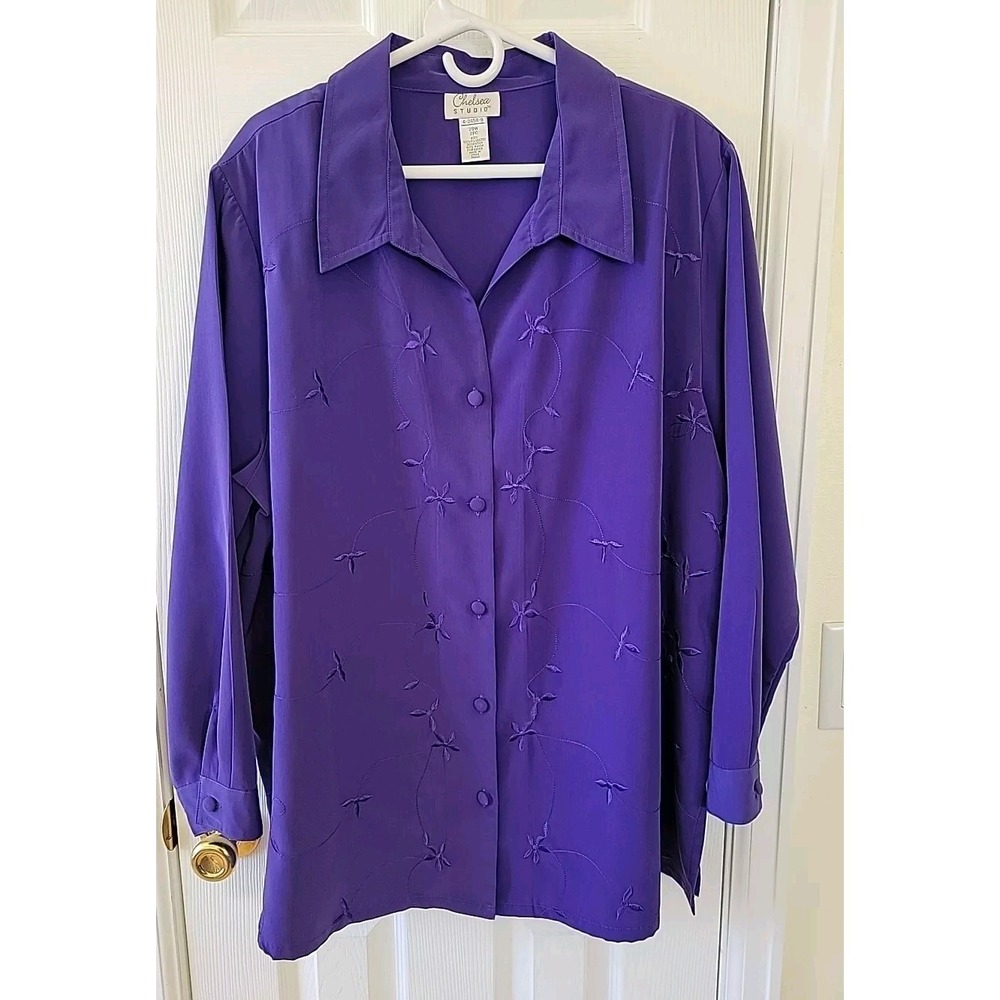 Chelsea Studio‎ Blouse Size 28W Purple Embroidered Button Up Longsleeve